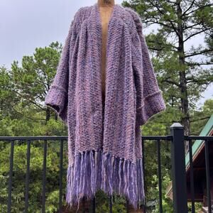 Vintage 70s/80s Chunky Knit Fringe Trim Oversized Kimono Blanket Sweater Robe OS